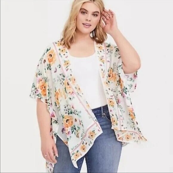 Torrid Womens Plus 14-18 White Floral Butterfly Chiffon Longline Kimono - Picture 3 of 10